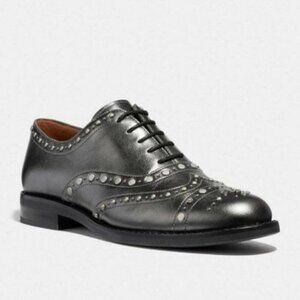 Coach Tegan Oxford Gunmetal Leather Tea Rose Studs Lace Up Shoes 7 B NWOT